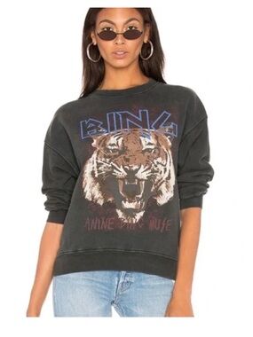 Anine Bing Charcoal Crewneck Tiger Graphic Sweatshirt